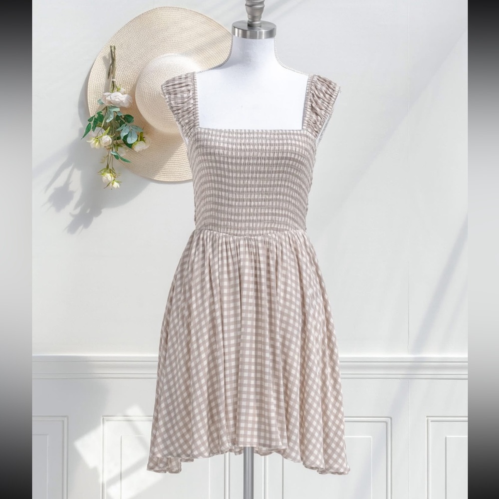 Beige Gingham Midi Dress